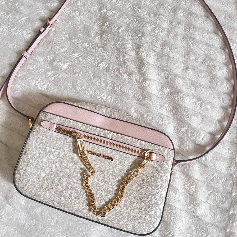 Michael Kors Pink and White Crossbody Bag with Gold Chain